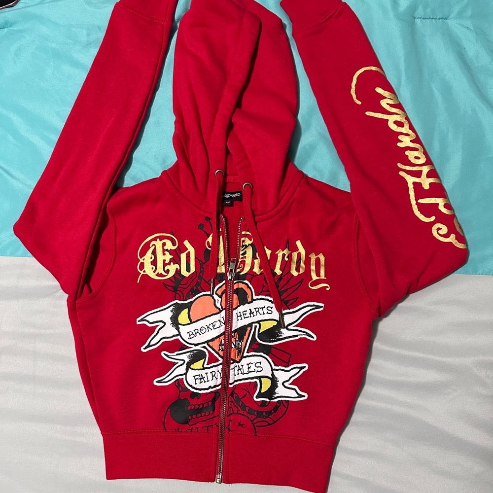 Ed Hardy Red Zip-Up Hoodie with Graphic Design